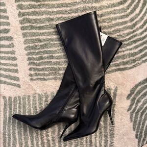Zara Black Pointed Knee-High Stiletto Boots